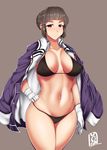  bikini breasts brown_background brown_eyes brown_hair curvy eyebrows gloves hand_on_hip highres jacket kantai_collection large_breasts meicha myoukou_(kantai_collection) short_hair simple_background solo swimsuit thighs wide_hips 