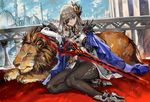  animal aqua_eyes black_gloves bridal_gauntlets cape city dome eyepatch fingerless_gloves gloves hair_ornament lion minaret original pants ran'ou_(tamago_no_kimi) shirt silver_hair sitting solo sword weapon 