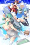  alternate_costume blonde_hair blue_eyes blue_hair blush bow breasts brown_hair cirno cleavage daiyousei detached_sleeves dress frog_hair_ornament gloves green_hair hair_bow hair_ornament hakurei_reimu hat kirisame_marisa kochiya_sanae large_breasts long_hair looking_at_viewer multiple_girls navel shin_(new) short_hair skirt smile sun_hat sundress thighhighs touhou white_gloves white_legwear 