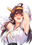  ahoge armpits bad_id bad_pixiv_id blue_eyes blush breasts breath brown_hair cum cum_on_body cum_on_upper_body detached_sleeves full-face_blush heavy_breathing kantai_collection kongou_(kantai_collection) large_breasts looking_at_viewer nontraditional_miko open_mouth solo tears ulrich_(tagaragakuin) 