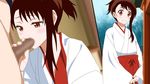  1girl anime_coloring bad_id bad_pixiv_id blush brown_eyes brown_hair fellatio hetero japanese_clothes looking_at_viewer miko nisekoi onodera_kosaki oral penis smile undershaft 