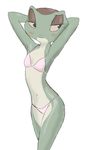  amphibian anthro arms_behind_head beatriz_overseer beatriz_resont bikini blush clothing female flat_chested frog looking_away navel pink_sclera pose solo swimsuit 