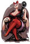  2015 anthro big_breasts bittenhard bow breasts chair cleavage clothed clothing crossed_legs dress female high_heels legwear megaphone mienshao nintendo plain_background pok&eacute;mon red_eyes sitting smile solo stockings thick_thighs thigh_highs video_games voluptuous whiskers wide_hips 