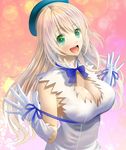  :d atago_(kantai_collection) blonde_hair blue_ribbon breasts cleavage cosplay dungeon_ni_deai_wo_motomeru_no_wa_machigatteiru_darou_ka gloves green_eyes hat hestia_(danmachi) hestia_(danmachi)_(cosplay) itoguchi_(manma_melon) kantai_collection large_breasts long_hair looking_at_viewer open_mouth rei_no_himo ribbon smile solo white_gloves 