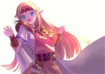  1girl bangle blonde_hair blue_eyes bracelet cape commentary_request dress earrings hands_up jewelry long_hair looking_at_viewer necklace nintendo open_mouth pointy_ears princess_zelda short_sleeves shoulder_pads super_smash_bros. super_smash_bros._ultimate the_legend_of_zelda the_legend_of_zelda:_a_link_between_worlds tiara tunic white_dress yamahara 