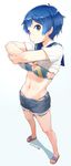  bare_legs bikini bikini_under_clothes blue_eyes blue_hair breasts dated denim denim_shorts flip-flops from_above full_body highres jpeg_artifacts kamishiro_sui looking_at_viewer midriff multicolored multicolored_bikini multicolored_clothes nagian navel sailor_collar sandals short_hair shorts small_breasts solo swimsuit swimsuit_under_clothes tokyo_7th_sisters underboob undressing white_background 