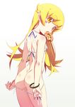  ass bangle bare_shoulders bikini bikini_pull blonde_hair blush_stickers body_blush bracelet cowboy_shot doughnut flat_chest food food_in_mouth from_behind gradient gradient_background highres jewelry long_hair looking_back monogatari_(series) mouth_hold oshino_shinobu pon_de_ring side-tie_bikini simple_background solo string_bikini swimsuit tanabe_kyou white_bikini yellow_eyes 