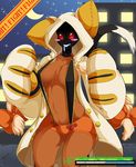  blazblue blush breasts brown_skin clothing feline female hoodie mammal red_eyes solo suddenhack suspenders taokaka wide_hips 