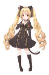  animal_ears bad_id bad_pixiv_id bell bell_choker blade_&amp;_soul blonde_hair boots bow canape_(canape0130) capelet cat_ears choker closed_mouth collarbone cross-laced_footwear curly_hair dress eyebrows_visible_through_hair full_body highres jingle_bell knee_boots long_hair long_sleeves lyn_(blade_&amp;_soul) red_eyes ribbon simple_background solo standing tail twintails very_long_hair white_background 