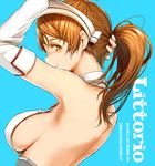  armpits back bare_shoulders blue_background breasts brown_eyes brown_hair character_name kantai_collection large_breasts littorio_(kantai_collection) long_hair looking_at_viewer looking_back nape ponytail satsuki_neko sideboob smile solo upper_body 