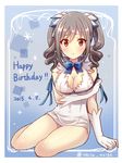  blue_ribbon breasts cosplay dated dress drill_hair dungeon_ni_deai_wo_motomeru_no_wa_machigatteiru_darou_ka gloves happy_birthday hestia_(danmachi) hestia_(danmachi)_(cosplay) idolmaster idolmaster_cinderella_girls kanzaki_ranko large_breasts long_hair pout red_eyes rei_no_himo ribbon serino_itsuki silver_hair solo twin_drills twintails 