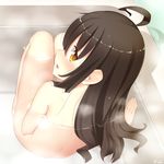  ahoge akai_ronii back bath black_hair blush brown_eyes from_behind kantai_collection legs_together long_hair looking_back mikazuki_(kantai_collection) nude sitting solo twitter_username 