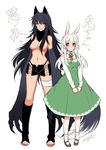  2girls animal_ears artist_name barefoot black_hair black_legwear bow breasts bunny_ears bunny_tail claws cleavage commentary dated dress fur fur_trim grey_eyes hair_censor konshin large_breasts long_hair long_sleeves mary_janes medium_breasts multiple_girls original paws red_eyes scarf shoes shorts socks tail toeless_legwear tongue tongue_out topless translated very_long_hair white_hair wolf_ears wolf_tail 