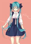  akariko aqua_eyes aqua_hair black_skirt blouse bow character_name corset formal hair_bow hair_ribbon hatsune_miku highres holding holding_hair long_hair looking_at_viewer ribbon shirt simple_background skirt solo twintails very_long_hair vocaloid white_shirt 