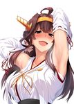  ahoge armpit_hair armpits bad_id bad_pixiv_id blue_eyes blush breasts breath brown_hair detached_sleeves full-face_blush heavy_breathing kantai_collection kongou_(kantai_collection) large_breasts looking_at_viewer nontraditional_miko solo tears ulrich_(tagaragakuin) 