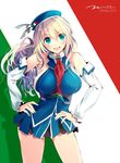  adapted_costume alternate_costume atago_(kantai_collection) blonde_hair blue_eyes breasts cosplay dated detached_sleeves dress hands_on_hips hat italian_flag jpeg_artifacts kantai_collection large_breasts littorio_(kantai_collection) littorio_(kantai_collection)_(cosplay) long_hair miniskirt skirt solo tebi_(tbd11) 