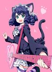  akata_itsuki animal_ears bell black_hair bow cat_ears cat_tail curly_hair cyan_(show_by_rock!!) dress fangs green_eyes guitar heart_guitar highres instrument looking_at_viewer open_mouth pink_bow show_by_rock!! smile solo strawberry_heart striped striped_legwear tail thighhighs 