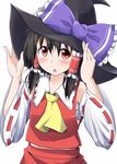  :o adjusting_clothes adjusting_hat alternate_headwear ascot black_hair blush bow detached_sleeves hair_bow hair_ribbon hair_tubes hakurei_reimu hat highres hiro_(pqtks113) large_bow looking_at_viewer open_mouth red_eyes ribbon sarashi short_hair solo touhou upper_body witch_hat 