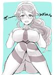  blush breasts hat ikeshita_moyuko kantai_collection large_breasts littorio_(kantai_collection) long_hair looking_at_viewer monochrome necktie open_mouth panties ponytail solo spot_color thighhighs underwear 