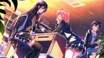  2girls black_hair blue_eyes chair chin_rest commentary_request highres hikigaya_hachiman multiple_girls office_chair pink_hair red_eyes skirt swordsouls thighhighs yahari_ore_no_seishun_lovecome_wa_machigatteiru. yuigahama_yui yukinoshita_yukino 