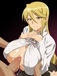  1girl blonde_hair blush breast_grab breasts censored chikuishi cum cum_on_body cum_on_breasts cum_on_clothes cum_on_upper_body gigantic_breasts grabbing highres highschool_of_the_dead long_hair looking_away marikawa_shizuka mosaic_censoring navel no_bra open_clothes paizuri penis perpendicular_paizuri simple_background skirt smile torn_clothes unbuttoned yellow_eyes 