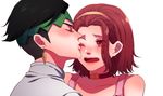  1girl bad_id bad_pixiv_id black_hair blush brown_hair choker closed_eyes earrings eye_kiss eyes_visible_through_hair headband hetero jewelry jojo_no_kimyou_na_bouken kishibe_rohan kiss one_eye_closed red_eyes rin2010 sugimoto_reimi 