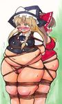 ascot back-to-back bdsm big_belly blonde_hair blush bondage bottomless bound bow braid breasts brown_hair clenched_teeth collared_shirt fat fat_folds fat_mons frown hair_bow hakurei_reimu hat highres kirisame_marisa long_hair marker_(medium) millipen_(medium) multiple_girls obese onomichi_(528959) partially_visible_vulva shirt single_braid skindentation sweat tears teeth thick_thighs thighs touhou traditional_media undersized_clothes vest wide_hips witch_hat yellow_eyes 