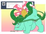  2015 butt english_text female feral flower looking_at_viewer looking_back nintendo open_mouth plain_background plant pok&eacute;mon presenting presenting_hindquarters pussy red_eyes scalie shushup smile solo spread_legs spreading text venusaur video_games 