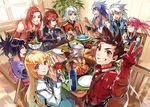  5boys black_hair blonde_hair blue_eyes blue_hair bottle brown_eyes brown_hair chair collet_brunel croissant food fork fujiazuki fujibayashi_shiina genius_sage grin kratos_aurion lloyd_irving multiple_boys multiple_girls oyster pink_hair plate ponytail presea_combatir red_hair red_shirt refill_sage regal_bryan salad sandwich shirt smile table tales_of_(series) tales_of_symphonia tomato twintails v white_hair zelos_wilder 