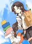  1girl admiral_(kantai_collection) ahoge bag bandeau black_hair black_legwear box brown_hair closed_eyes cloud day flying_sweatdrops food japanese_clothes kanoe_soushi kantai_collection long_hair low-tied_long_hair low_twintails pleated_skirt red_ribbon ribbon shouhou_(kantai_collection) skirt sky smile sweatdrop thighhighs twintails twitter_username zettai_ryouiki 