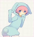  akita_toushirou animal_costume animal_ears animal_hood ayu_(mog) bad_id bad_pixiv_id blush bunny_costume bunny_ears bunny_hood bunny_tail from_behind hood leaning_forward looking_back male_focus pantyhose pink_hair simple_background solo tail touken_ranbu 