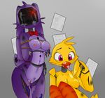  animatronic avian beak bird bonnie_(fnaf) bound breasts chica_(fnaf) chicken cum cum_on_breasts cum_on_face cum_on_tongue female female/female five_nights_at_freddy&#039;s jailbait_knight lagomorph machine mammal mechanical nipples purple_eyes pussy pussy_juice rabbit robot standing tongue video_games 