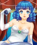  alternate_costume bare_shoulders blue_eyes blue_hair breasts bustier cleavage drill_hair elbow_gloves gloves head_fins highres lips looking_at_viewer medium_breasts mermaid monster_girl shirane_koitsu short_hair smile solo touhou wakasagihime white_gloves 