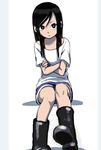  black_footwear black_hair boots crossed_arms long_hair looking_at_viewer original rubber_boots simple_background sitting solo white_background yamamoto_souichirou 