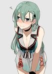  bad_id bad_twitter_id blush breasts choker cleavage collarbone commentary cosplay gloves green_hair grey_background hair_between_eyes hair_ornament hairclip hita_(hitapita) kantai_collection large_breasts leaning_forward long_hair maya_(kantai_collection) maya_(kantai_collection)_(cosplay) nose_blush pleated_skirt purple_eyes remodel_(kantai_collection) sailor_collar side_slit simple_background skirt solo suzuya_(kantai_collection) wavy_mouth 