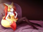  :d aiakasa-sakura animal_ears artist_name bed bed_sheet black_legwear blonde_hair braixen eyebrows eyebrows_visible_through_hair facial_mark forehead_mark gen_6_pokemon humanization looking_at_viewer multicolored_hair on_bed open_mouth pantyhose personification pointing pointing_at_self pokemon red_eyes seductive_smile sitting sitting_on_bed smile solo stick tail two-tone_hair 