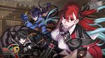  2girls armor black_hair blue_hair gauntlets hair_ribbon highres honjou_raita imca kurt_irving long_hair looking_at_viewer multicolored_hair multiple_girls official_art purple_eyes red_eyes ribbon riela_marcellis senjou_no_valkyria senjou_no_valkyria_3 two-tone_hair walkie-talkie 