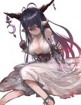 antenna_hair bandages black_gloves black_hair blood bloody_clothes bloody_dress breasts cleavage danua draph dress fingerless_gloves gloves granblue_fantasy hair_between_eyes horn_ornament horns jewelry jpeg_artifacts large_breasts long_hair looking_at_viewer necklace pointy_ears red_eyes shirabi simple_background solo white_dress 
