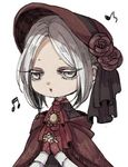  :o bangs beamed_eighth_notes bloodborne bonnet cloak colored_eyelashes doll_joints eighth_note flower half-closed_eyes hands_clasped jukkadoll musical_note open_mouth own_hands_together plain_doll red_flower red_rose rose short_hair silver_eyes silver_hair solo swept_bangs upper_body 