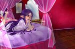  barefoot blush casual chin_rest dress eyeshadow kiiro_no_tobira lipstick long_hair lying makeup on_bed on_stomach pointy_ears princess_hilda purple_hair purple_lipstick red_eyes smile solo the_legend_of_zelda the_legend_of_zelda:_a_link_between_worlds triforce white_dress 