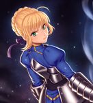  ahoge armor armored_dress artoria_pendragon_(all) bad_id bad_pixiv_id blonde_hair dress fate/stay_night fate_(series) green_eyes hair_ribbon highres looking_at_viewer ribbon saber seeker_(shzyu) solo 
