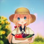  alternate_costume androgynous ayu_(mog) bad_id bad_pixiv_id basket blue_eyes blue_sky blurry blush cucumber depth_of_field eggplant flower hat long_hair looking_at_viewer lowres male_focus midare_toushirou open_mouth orange_hair outdoors ponytail sky solo sunflower sweat tomato touken_ranbu 