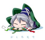  blush_stickers byourou chibi closed_eyes hat japanese_clothes kariginu mononobe_no_futo ponytail short_hair silver_hair skirt sleeping smile solo tate_eboshi touhou 