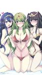  :d bad_id bad_pixiv_id bikini black_hair blue_eyes blue_hair blush breast_press breasts chiki cleavage echizen_(hvcv) fire_emblem fire_emblem:_kakusei front-tie_bikini front-tie_top girl_sandwich green_eyes green_hair heart highres kneeling large_breasts long_hair looking_at_viewer lucina mamkute multiple_girls open_mouth pointy_ears ponytail purple_eyes sandwiched side-tie_bikini smile swimsuit take_your_pick tharja thigh_gap tiara two_side_up white_background 