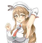  armpits breasts brown_hair detached_sleeves hat kantai_collection lang_(chikage36) large_breasts littorio_(kantai_collection) long_hair looking_at_viewer necktie open_mouth ponytail solo 