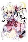 ascot bat blonde_hair bow dress flandre_scarlet hair_bow kino_(kino_konomi) no_hat no_headwear open_mouth puffy_short_sleeves puffy_sleeves red_dress red_eyes shirt short_sleeves side_ponytail silver_hair solo touhou wings 
