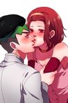  1girl arm_warmers bad_id bad_pixiv_id black_hair blush brown_hair choker earrings green_eyes headband hetero jewelry jojo_no_kimyou_na_bouken kishibe_rohan kiss nose_kiss red_eyes rin2010 sugimoto_reimi 