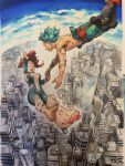  1boy 1girl aqua_hair barefoot black_jumpsuit blush_stickers boku_no_hero_academia boots brown_hair building city closed_eyes cloud crying dirty falling freckles green_jumpsuit highres holding_hands horikoshi_kouhei midoriya_izuku midriff_peek official_art open_mouth pink_footwear pink_jumpsuit reaching_out shirtless shoes short_hair single_shoe sky skyscraper smile tears torn_clothes torn_jumpsuit uraraka_ochako wind 