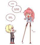  1boy 1girl blonde_hair chibi english jaune_arc long_hair meteoride ponytail pyrrha_nikos red_hair rwby short_hair stilts thighhighs translated 