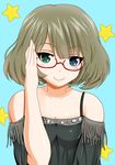  absurdres adjusting_eyewear bare_shoulders bespectacled blue_eyes brown_hair glasses green_eyes heterochromia highres idolmaster idolmaster_cinderella_girls looking_at_viewer mole mole_under_eye muutsu_(maxwell0916) short_hair smile solo takagaki_kaede 